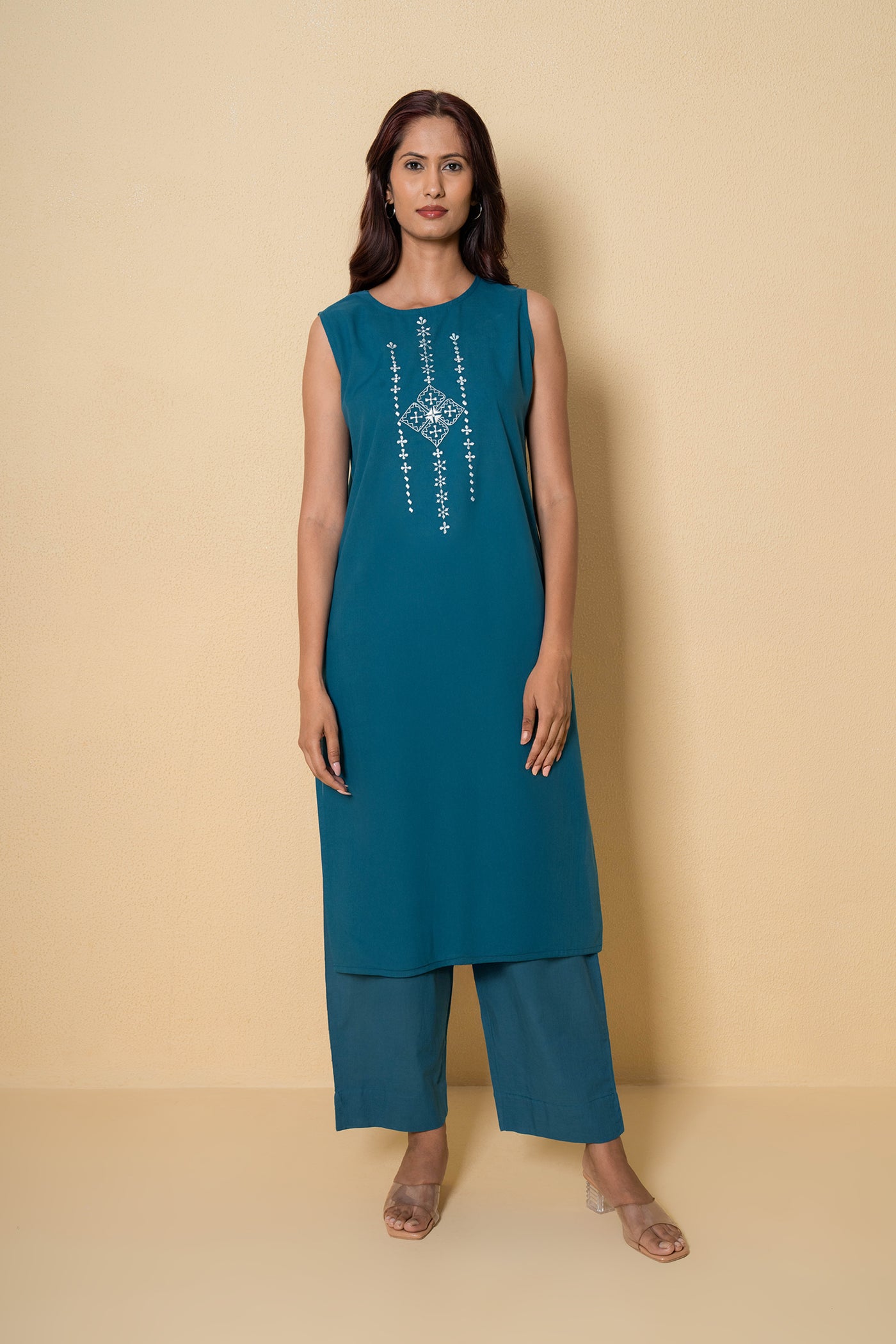 Ocean Dew Embroidered Blue Cotton Kurta Set