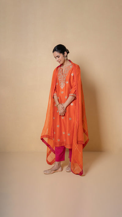 Coral Sunset Gota Patti Orange Chanderi Suit Set
