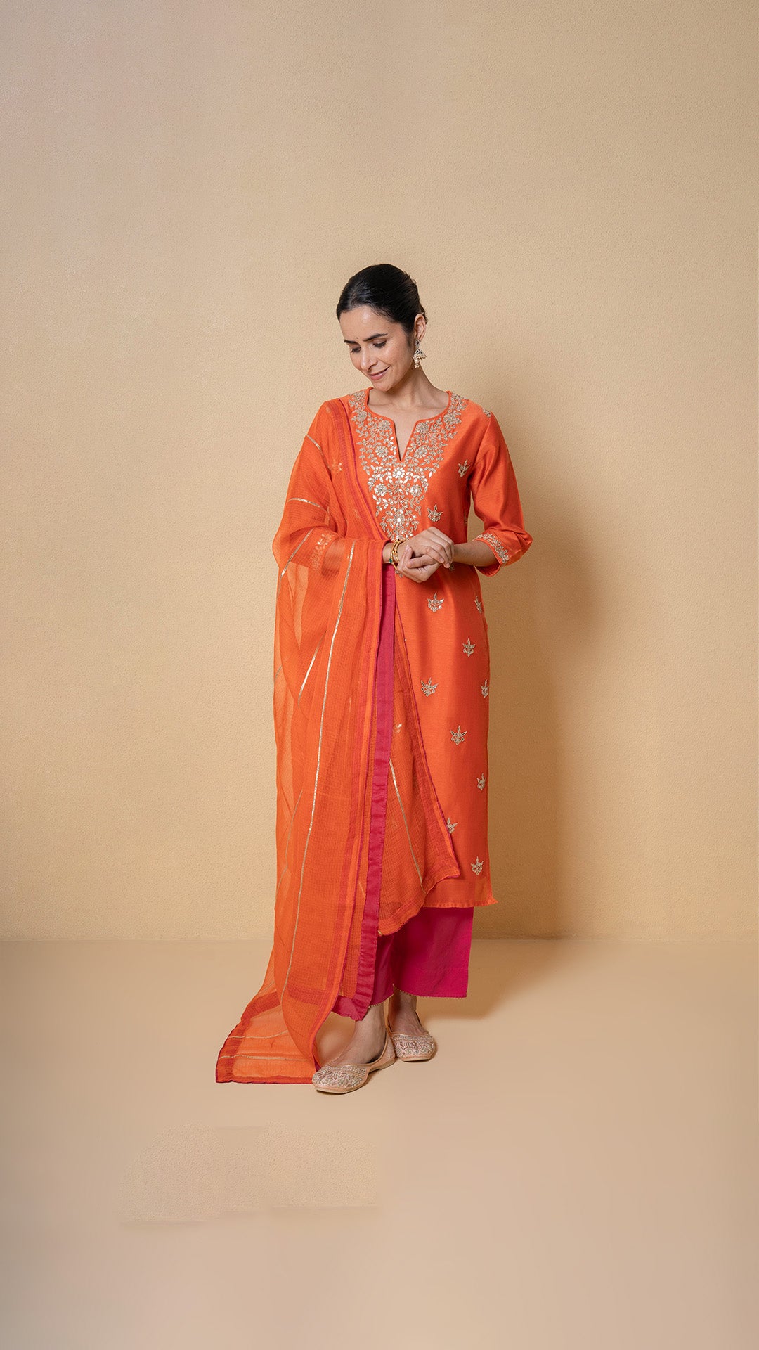 Coral Sunset Gota Patti Orange Chanderi Suit Set