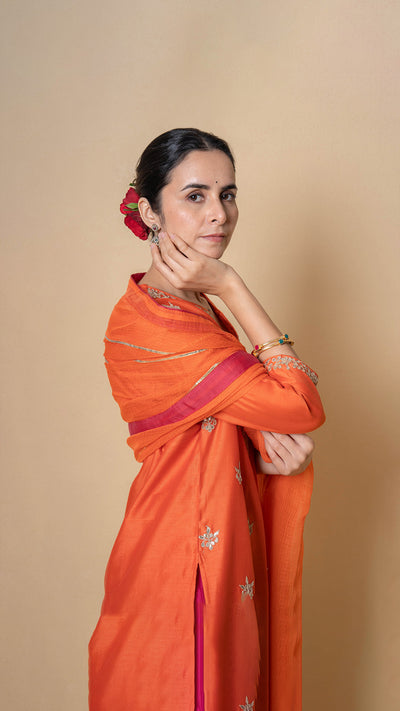 Coral Sunset Gota Patti Orange Chanderi Suit Set