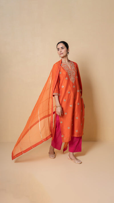 Coral Sunset Gota Patti Orange Chanderi Suit Set