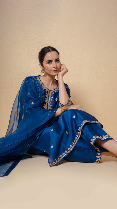 Yale Blue Marori Work Chanderi Suit Set