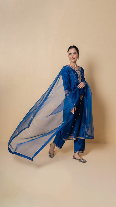 Yale Blue Marori Work Chanderi Suit Set