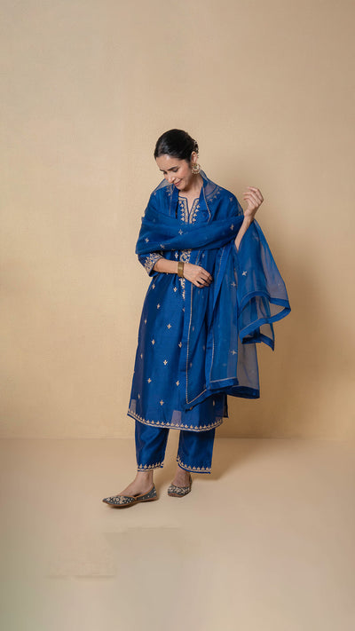Yale Blue Marori Work Chanderi Suit Set