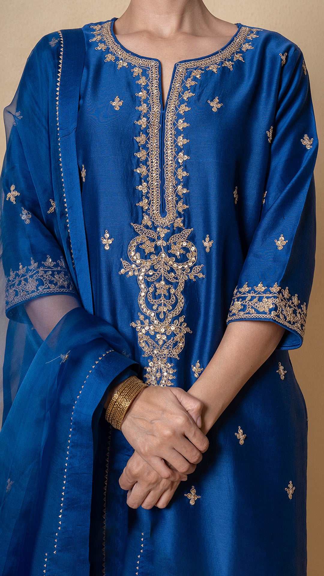 Yale Blue Marori Work Chanderi Suit Set