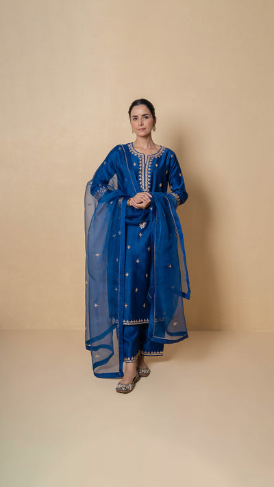 Yale Blue Marori Work Chanderi Suit Set