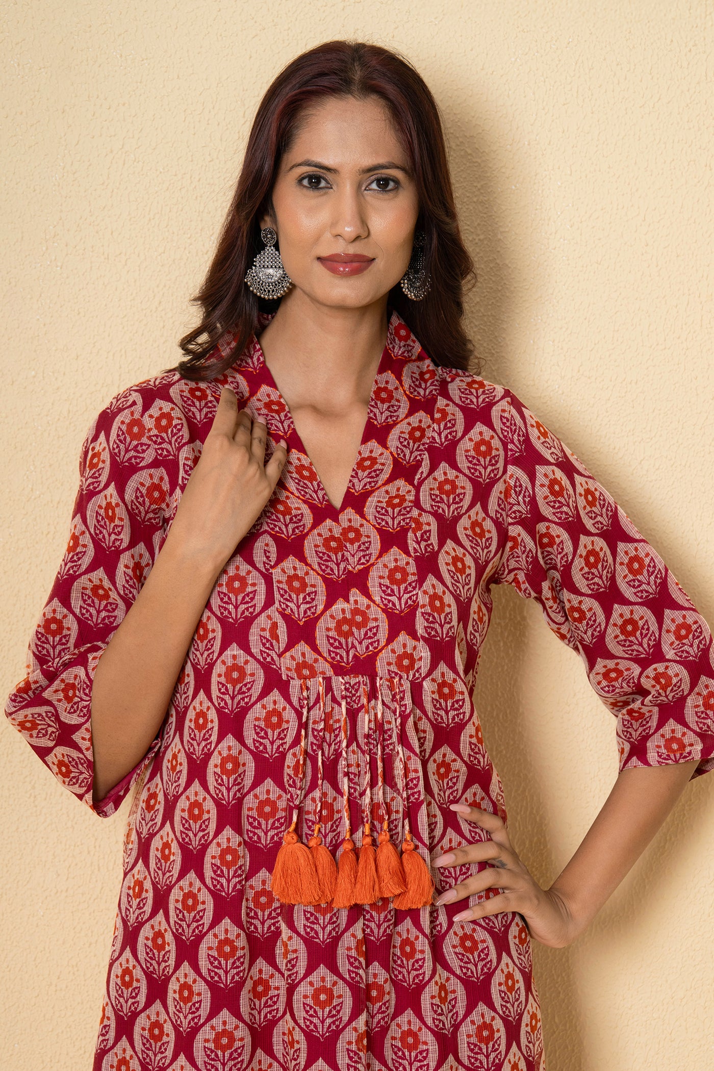 Rustic Rouge Hand Print Kota Doria Kurta Set