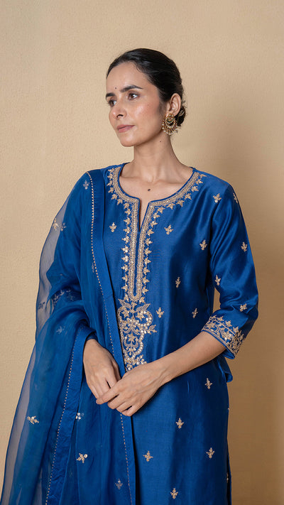 Yale Blue Marori Work Chanderi Suit Set