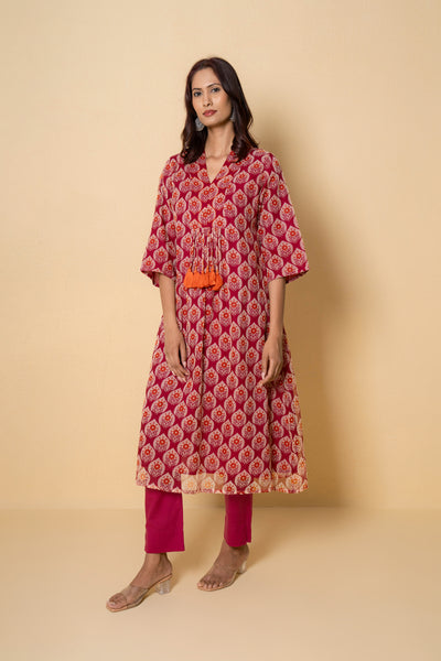 Rustic Rouge Hand Print Kota Doria Kurta Set