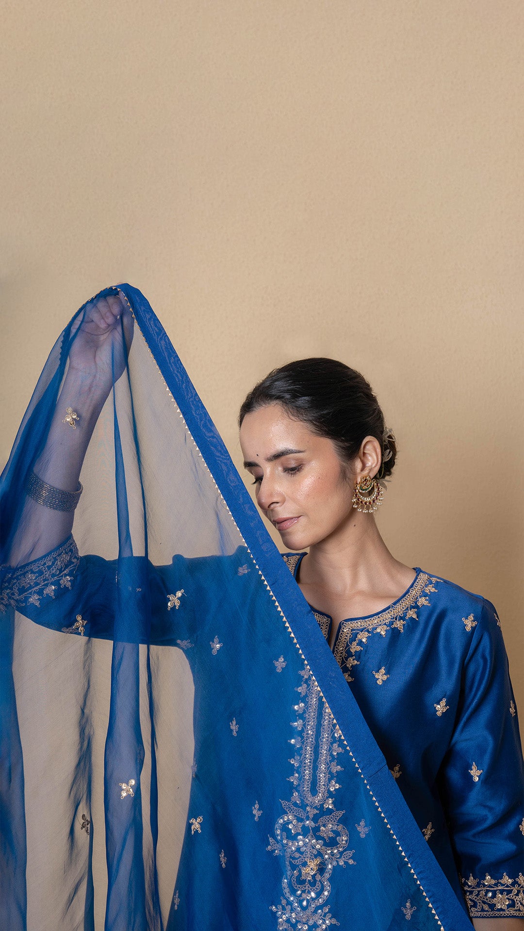 Yale Blue Marori Work Chanderi Suit Set