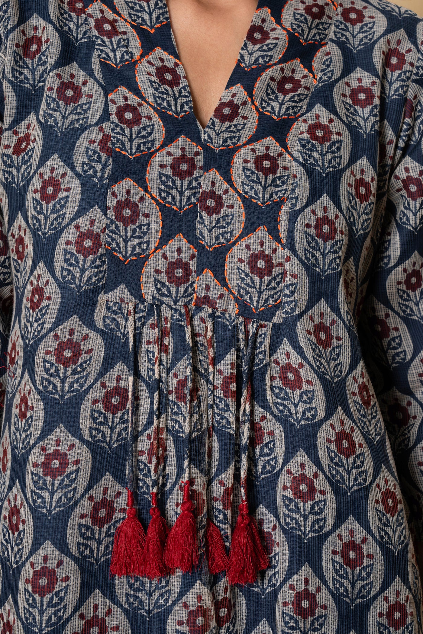 Botanic Blue Hand Print Kota Doria Kurta Set