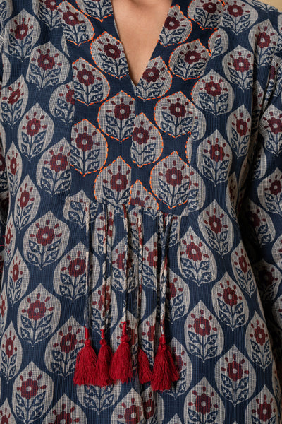 Botanic Blue Hand Print Kota Doria Kurta Set