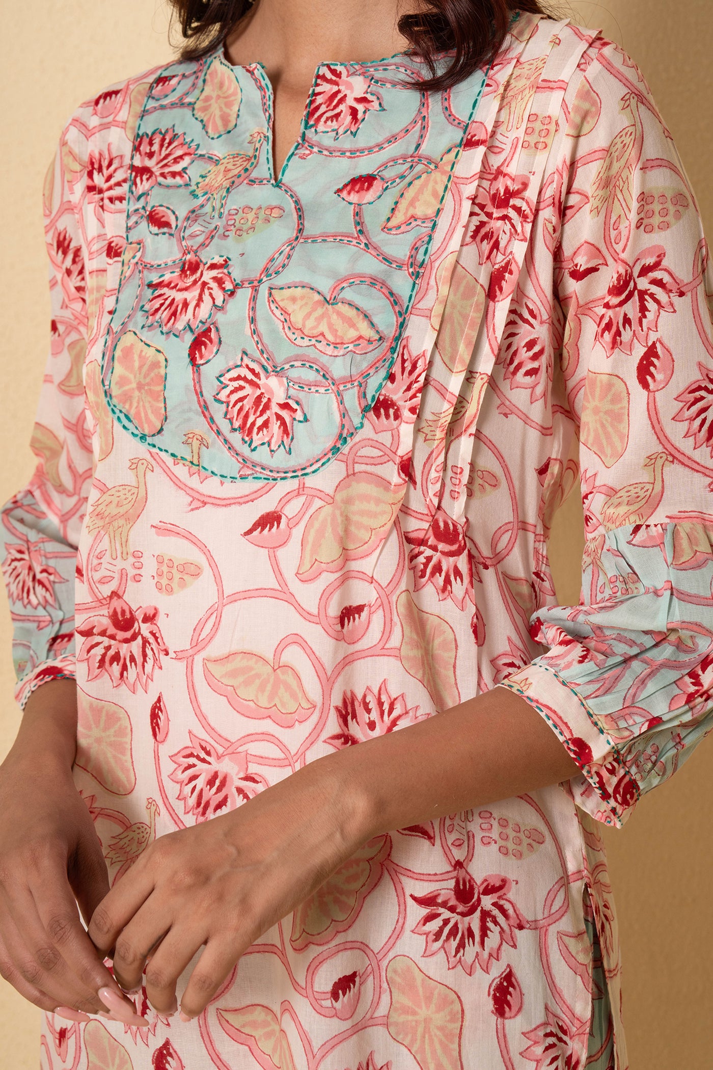 Floret Mist Block Print White Cotton Kurta Set