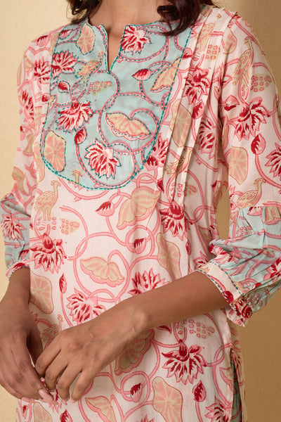Floret Mist Block Print White Cotton Kurta Set