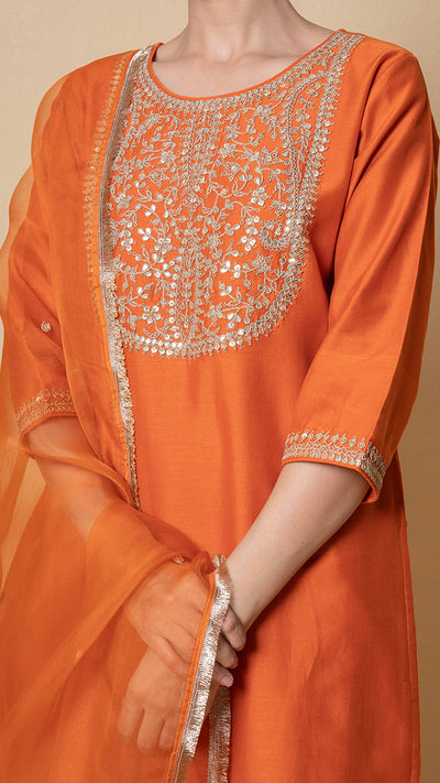 Orange Orchid Marori Work Chanderi Suit Set