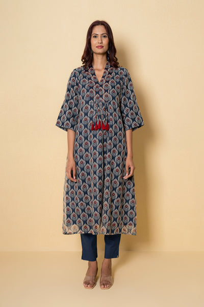 Botanic Blue Hand Print Kota Doria Kurta Set