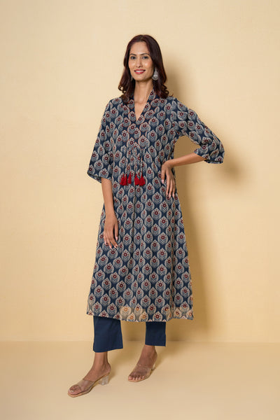 Botanic Blue Hand Print Kota Doria Kurta Set