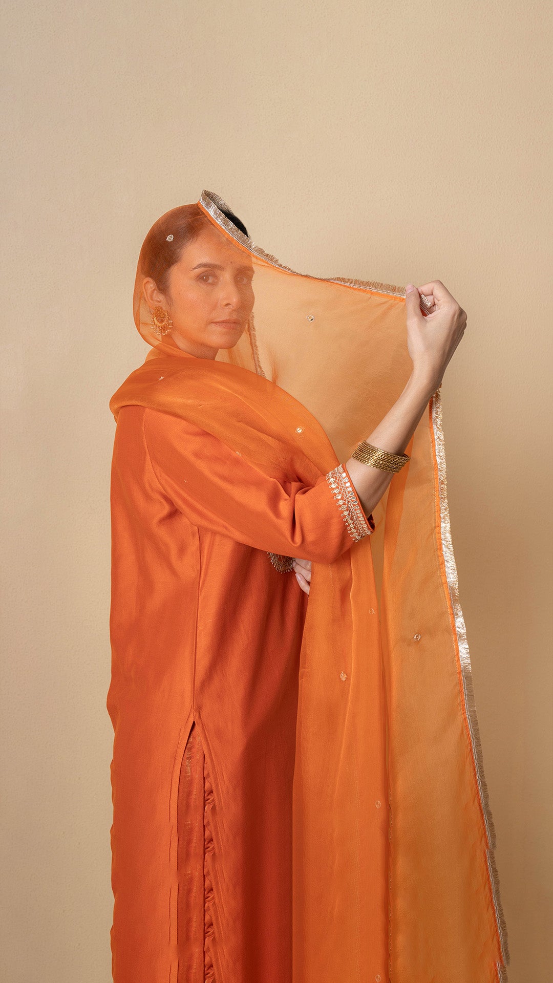 Orange Orchid Marori Work Chanderi Suit Set