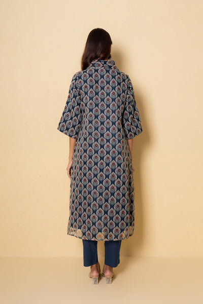 Botanic Blue Hand Print Kota Doria Kurta Set