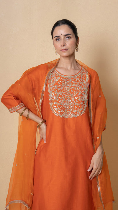Orange Orchid Marori Work Chanderi Suit Set