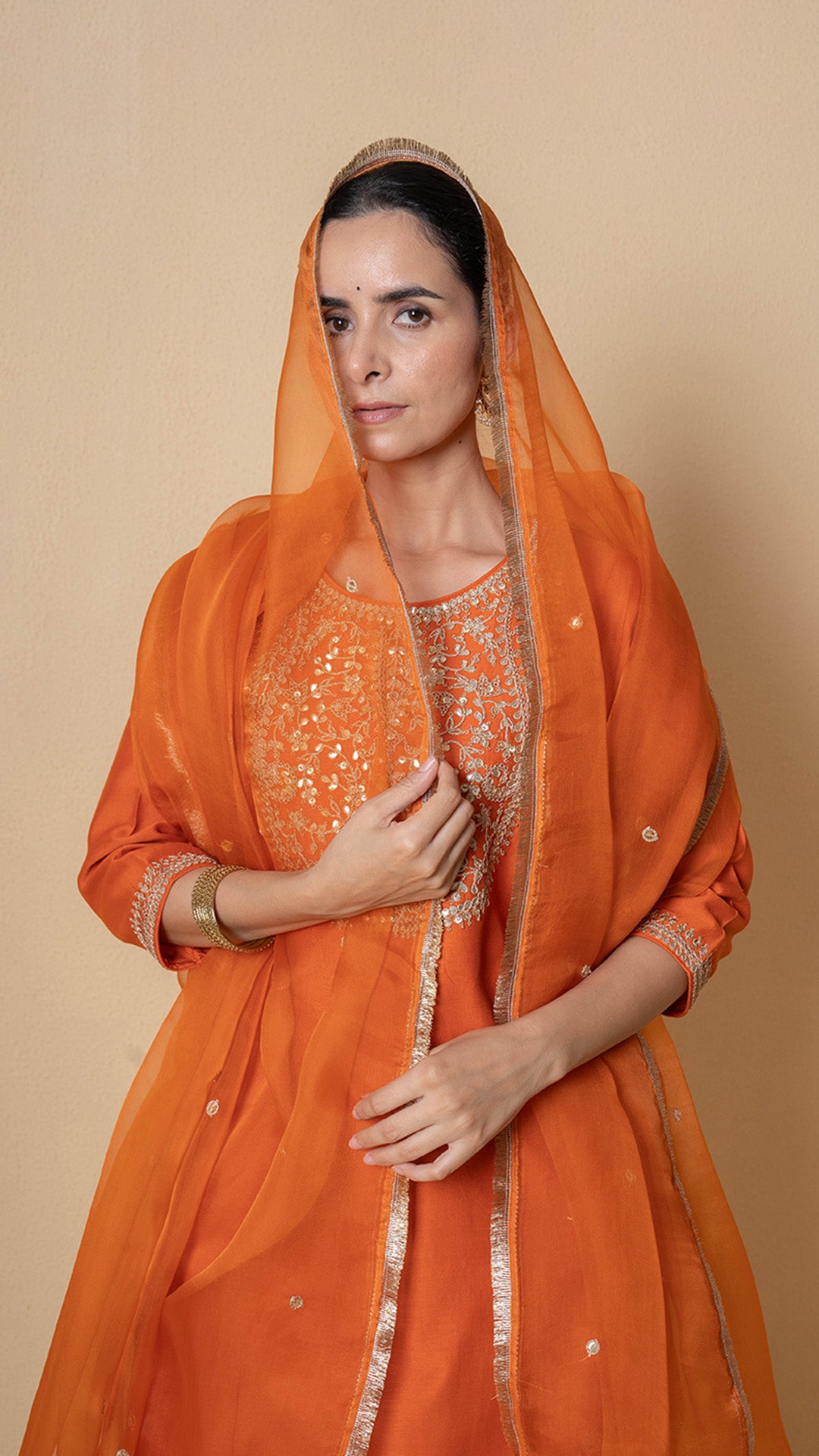 Orange Orchid Marori Work Chanderi Suit Set