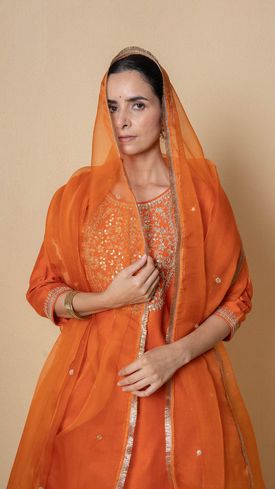 Orange Orchid Marori Work Chanderi Suit Set