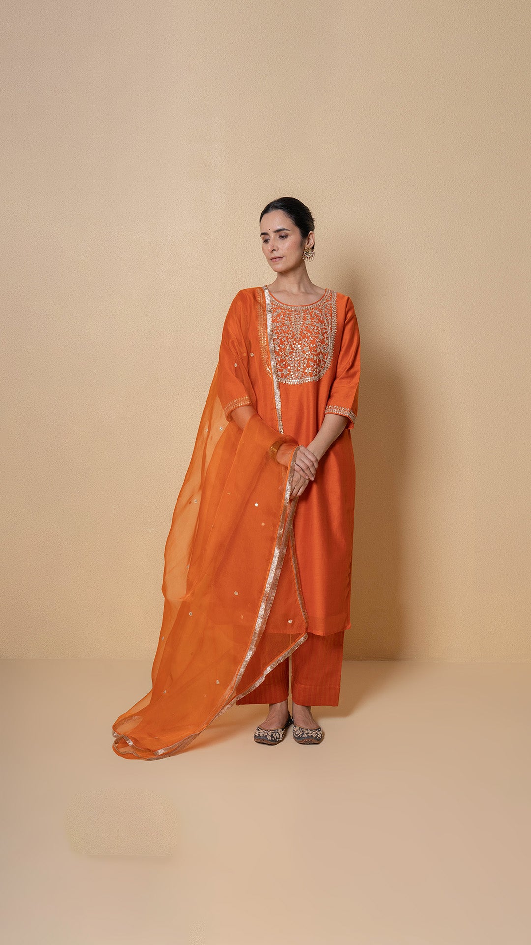 Orange Orchid Marori Work Chanderi Suit Set