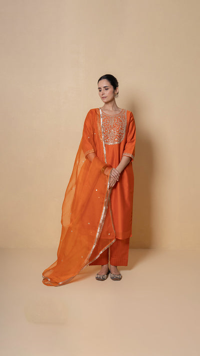 Orange Orchid Marori Work Chanderi Suit Set