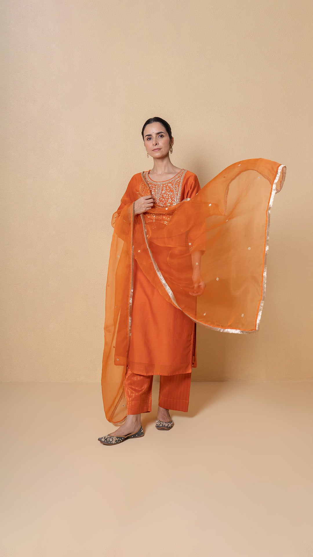 Orange Orchid Marori Work Chanderi Suit Set