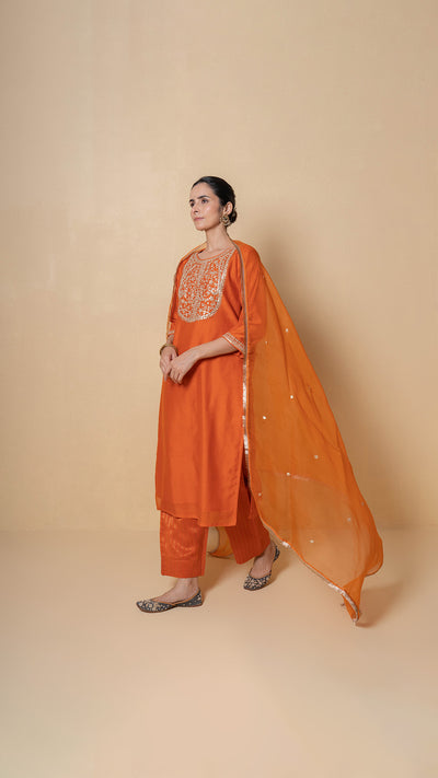 Orange Orchid Marori Work Chanderi Suit Set