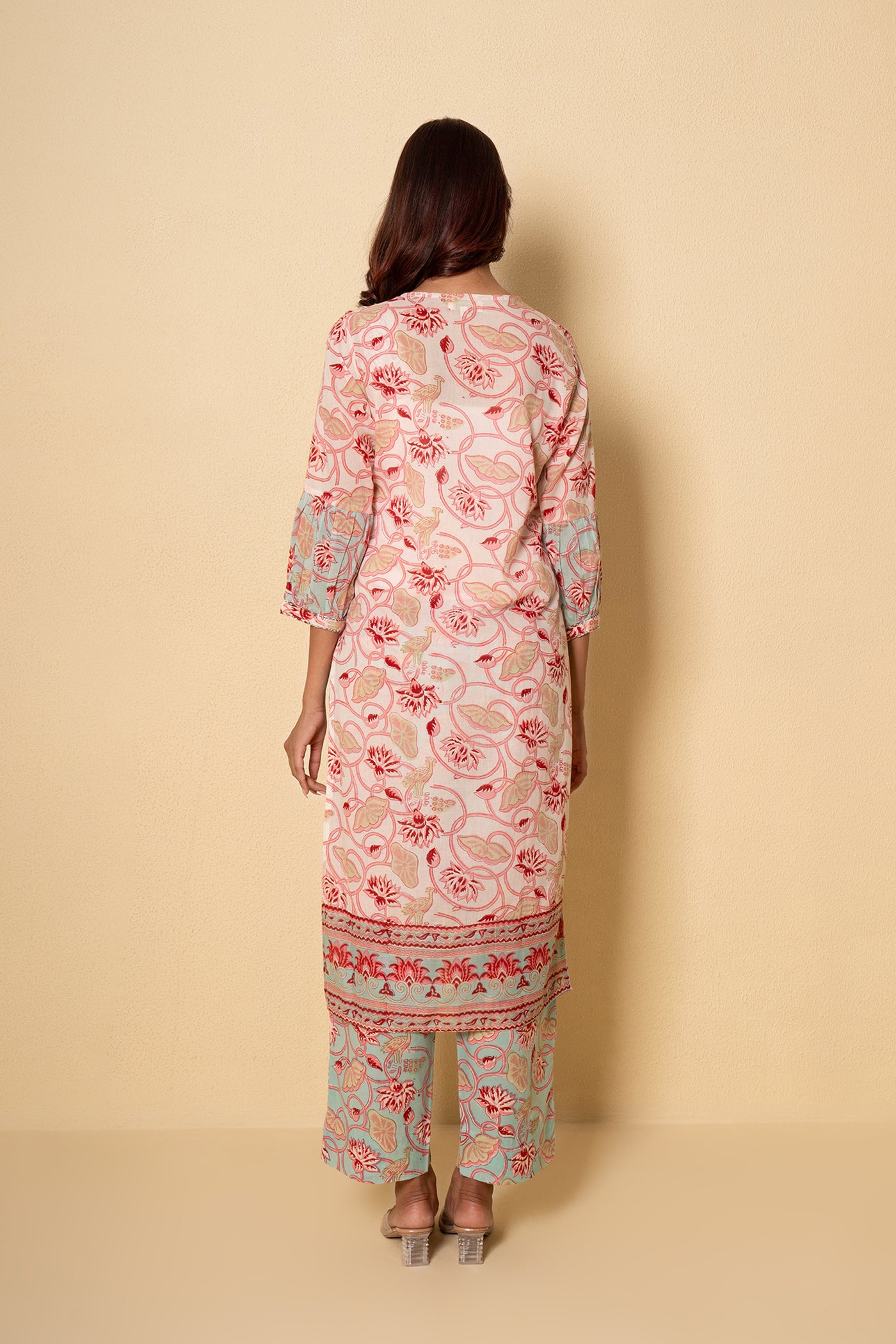 Floret Mist Block Print White Cotton Kurta Set