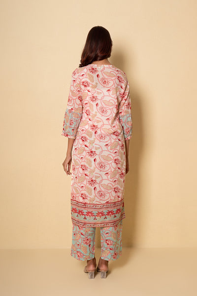 Floret Mist Block Print White Cotton Kurta Set