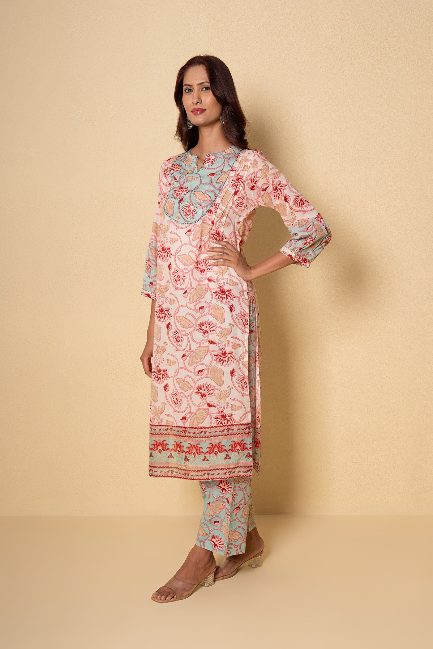 Floret Mist Block Print White Cotton Kurta Set