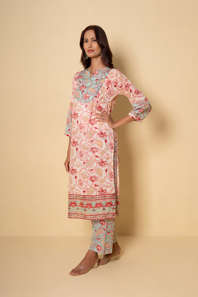 Floret Mist Block Print White Cotton Kurta Set