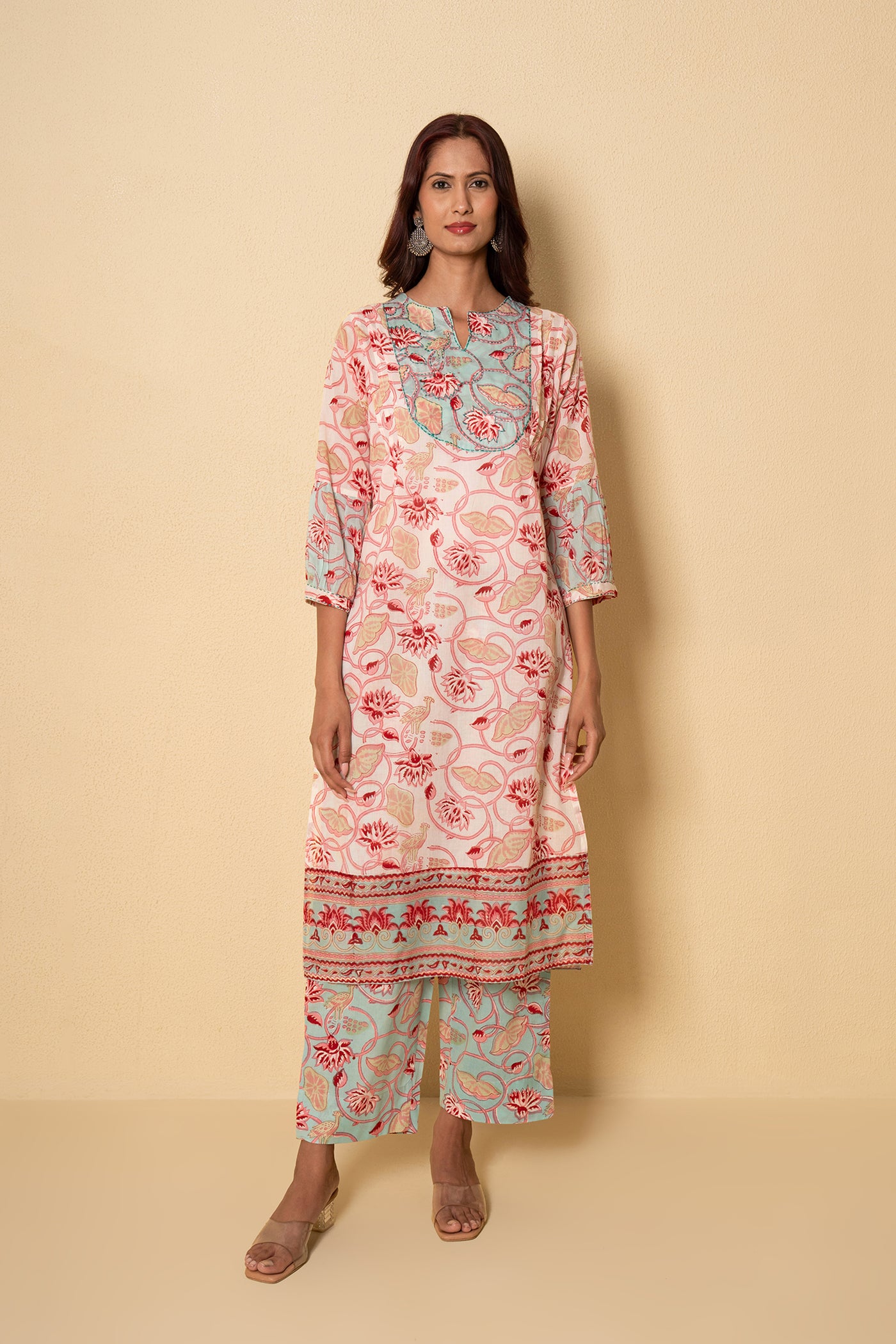Floret Mist Block Print White Cotton Kurta Set