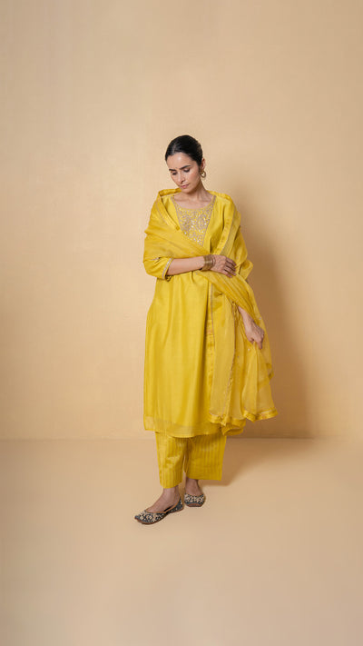 Bright Amber Marori Work Yellow Chanderi Suit Set