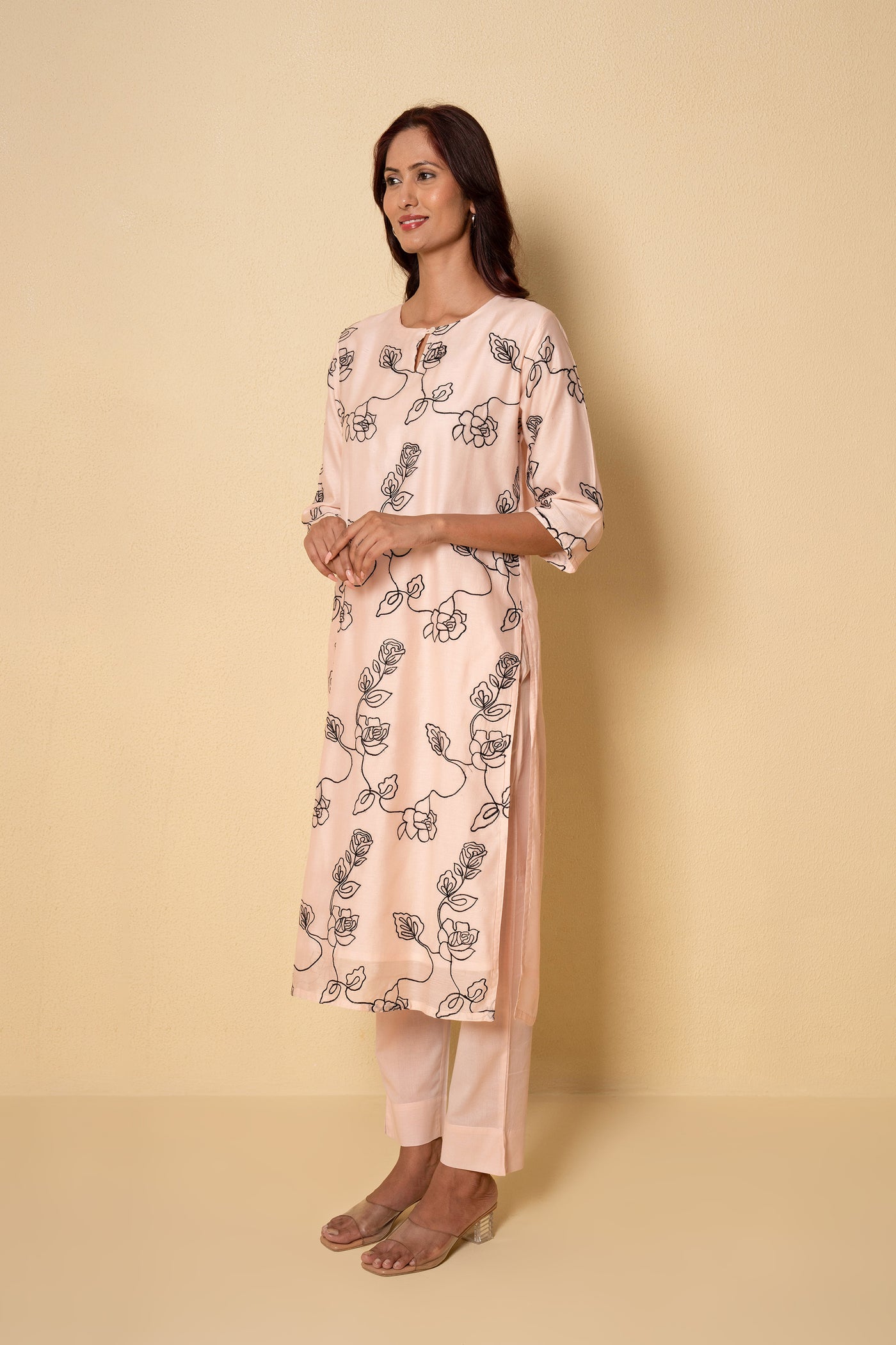 Soft Peach Embroidered Chanderi Kurta Set