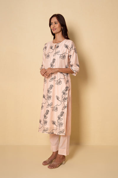 Soft Peach Embroidered Chanderi Kurta Set