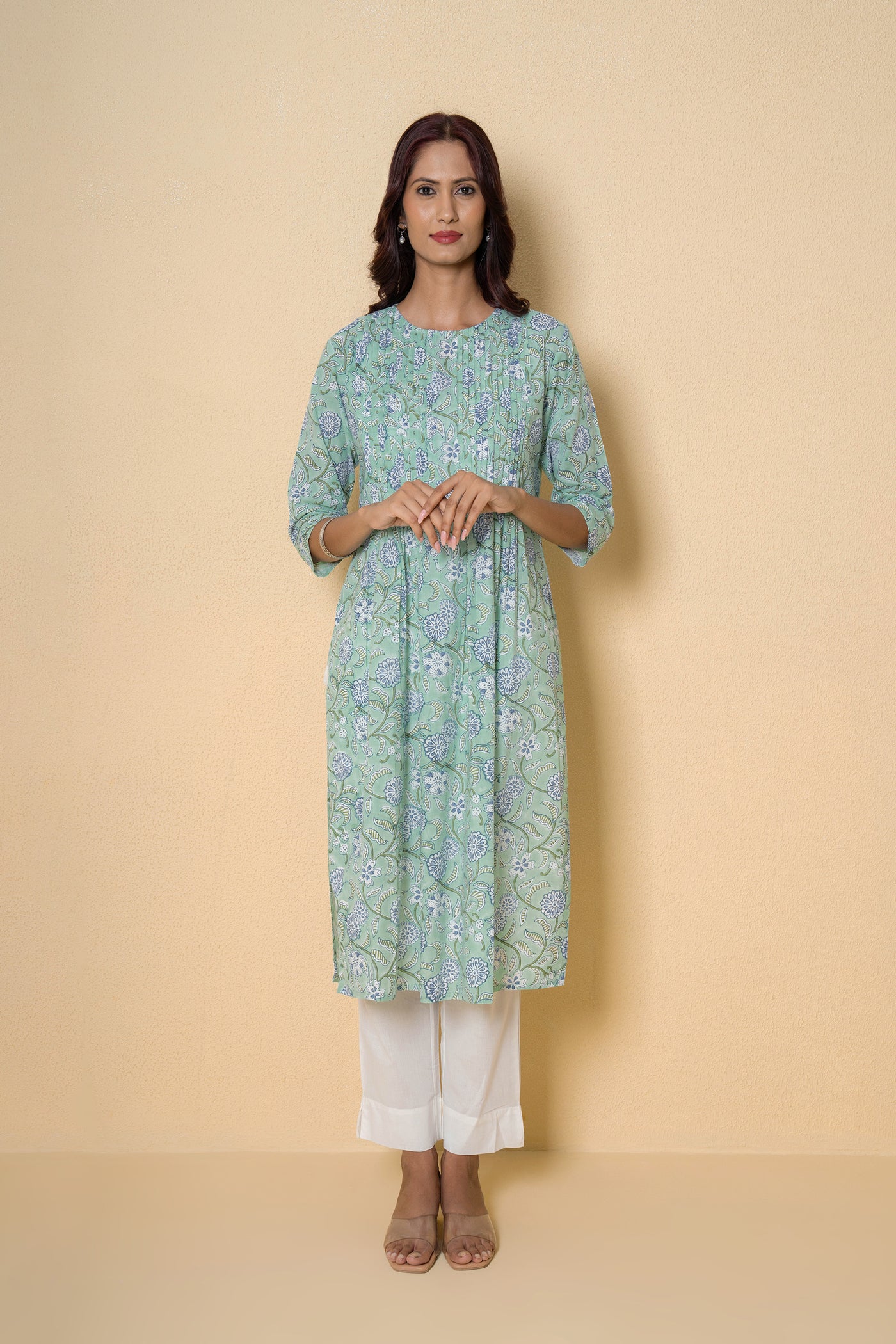 Sea Green Block Print Cotton Kurta Set