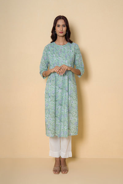 Sea Green Block Print Cotton Kurta Set
