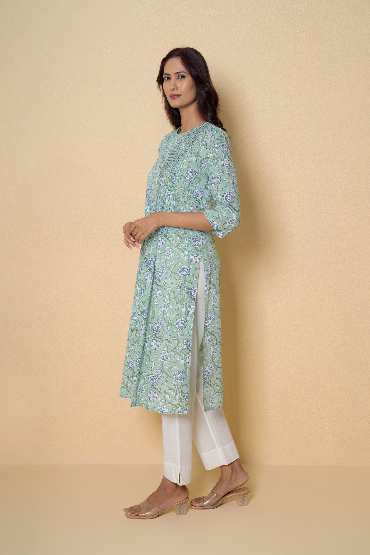 Sea Green Block Print Cotton Kurta Set