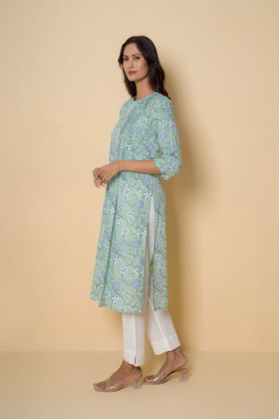 Sea Green Block Print Cotton Kurta Set