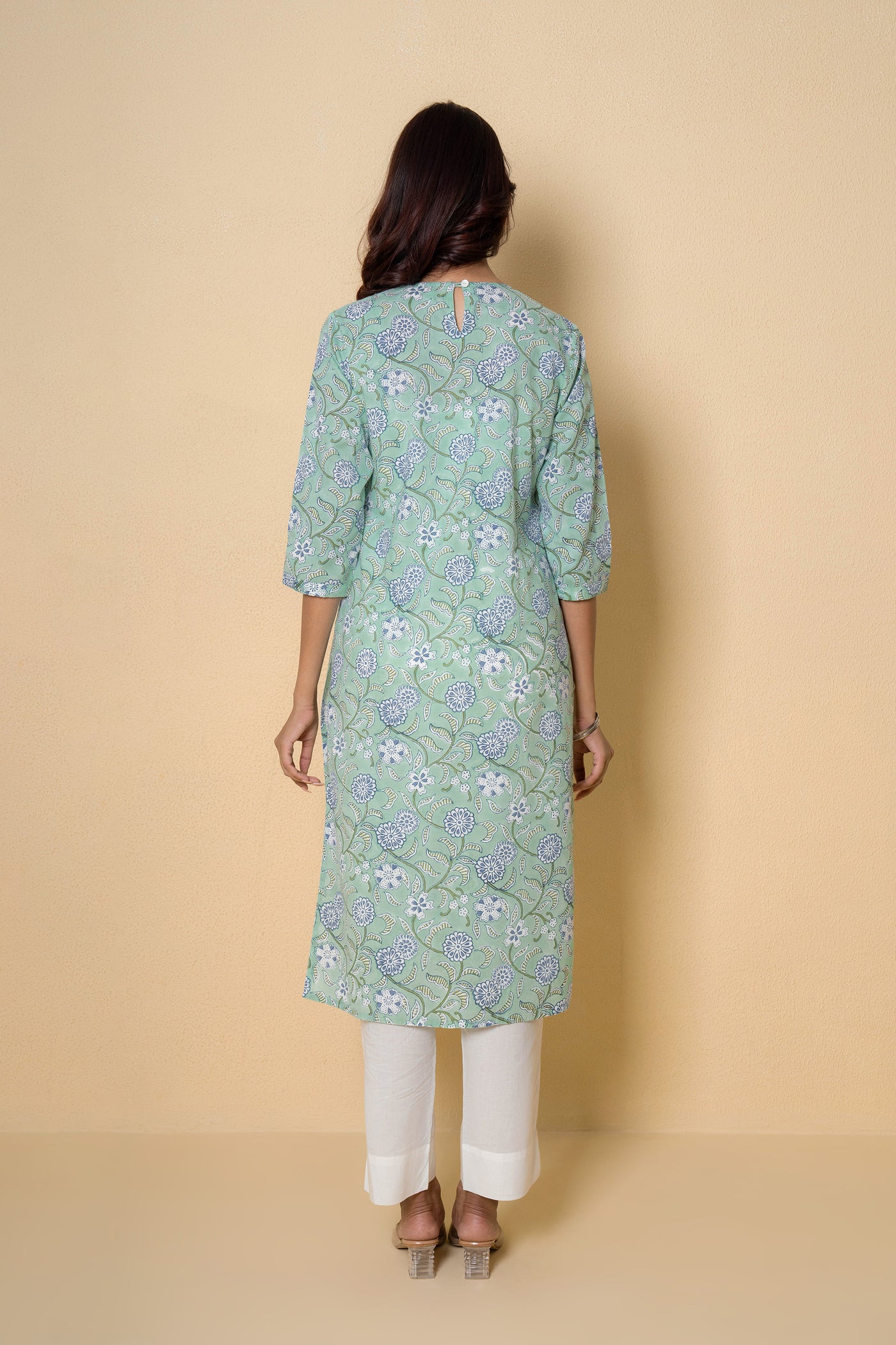 Sea Green Block Print Cotton Kurta Set