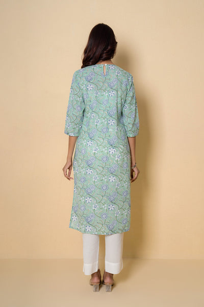 Sea Green Block Print Cotton Kurta Set