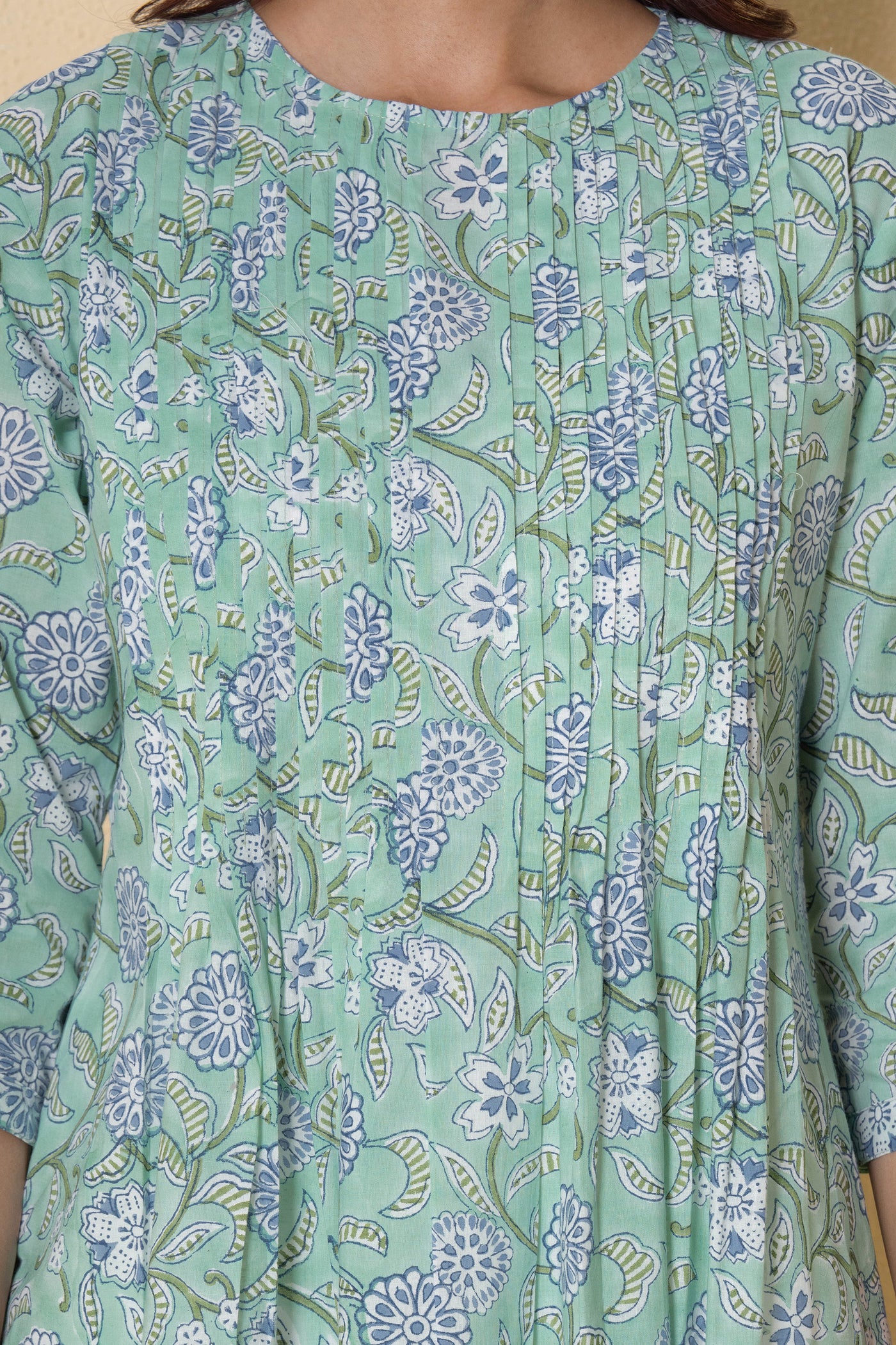 Sea Green Block Print Cotton Kurta Set