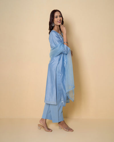 Moonlit Blue Embroidered Chanderi Suit Set
