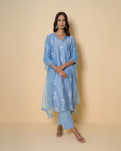 Moonlit Blue Embroidered Chanderi Suit Set