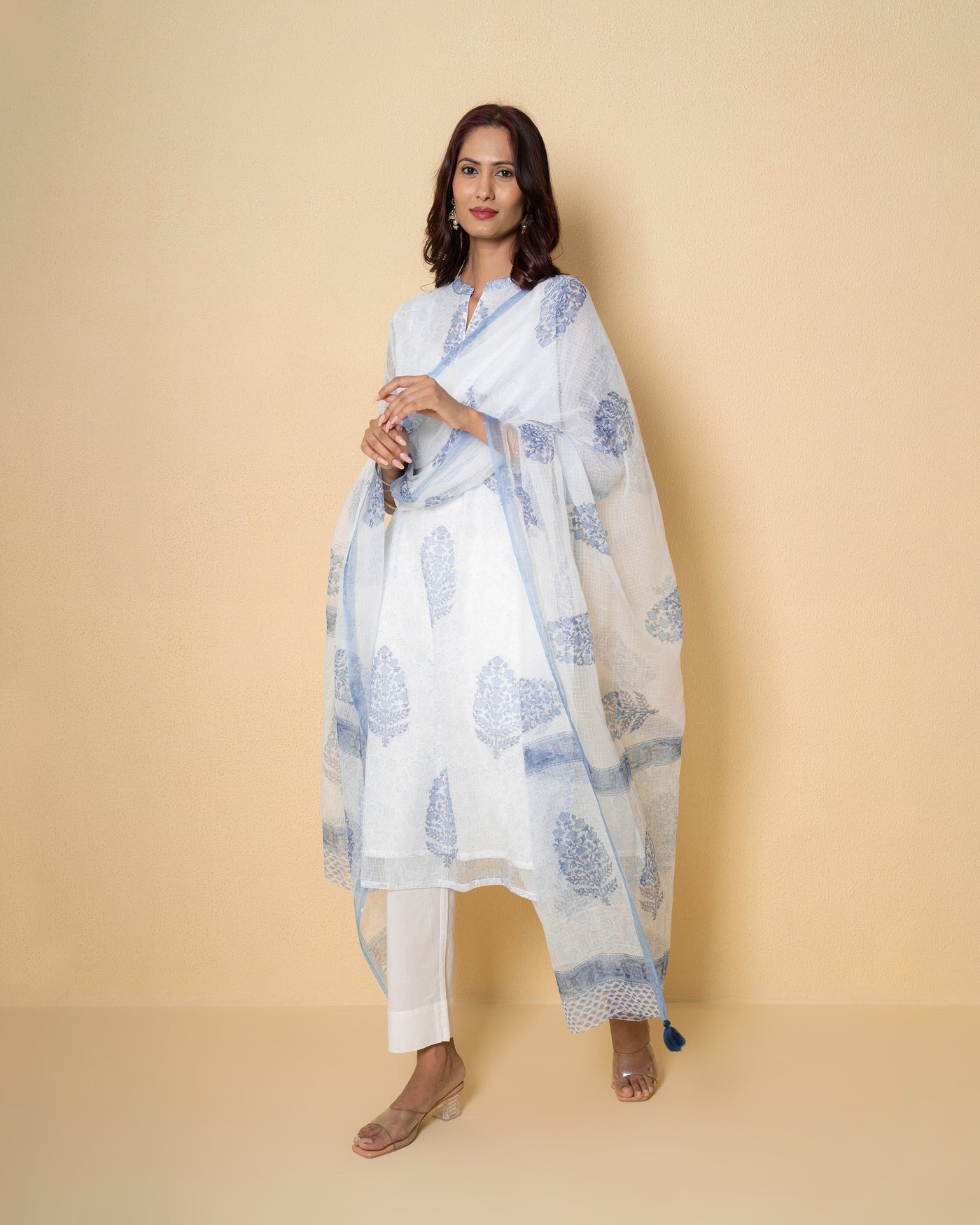 Porcelain Blue Block Print Kota Doria Suit Set