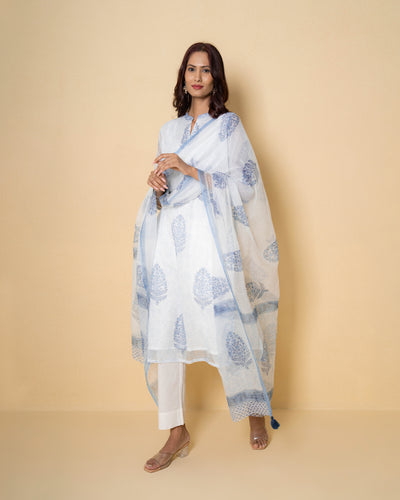Porcelain Blue Block Print Kota Doria Suit Set