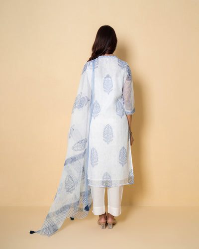 Porcelain Blue Block Print Kota Doria Suit Set